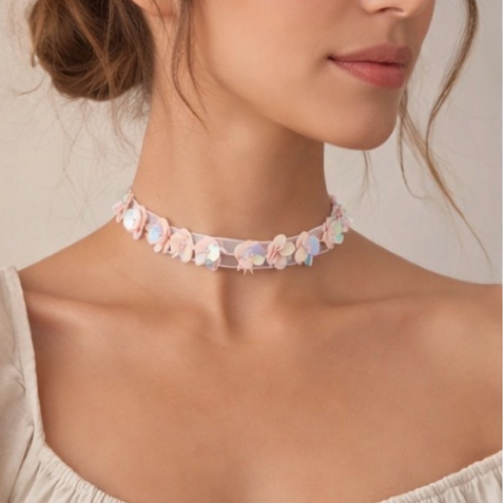 Vintage Iridescent Floral Sequin Choker Necklace Y2K Coquette Fairycore - Picture 3 of 3